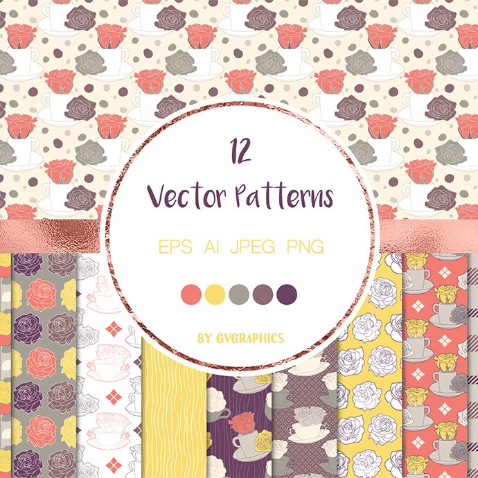 Roses and Tea Cups Vector Patterns main cover.