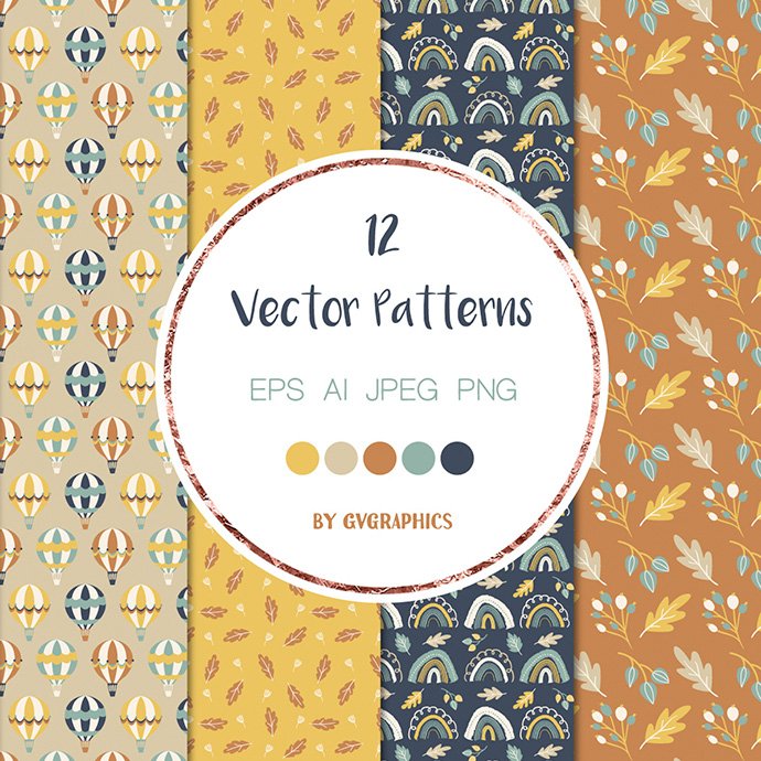 Autumn Air Baloons, Rainbows and Leaves Vector Patterns and Seamless Tiles cover image.