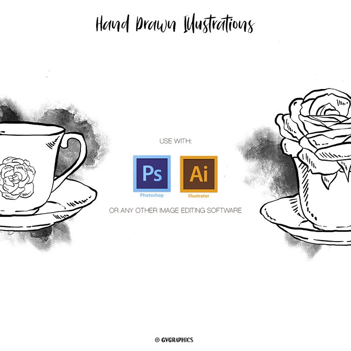 Hand drawn Tea cups, Teapots and Roses Vector Illustrations cover image.