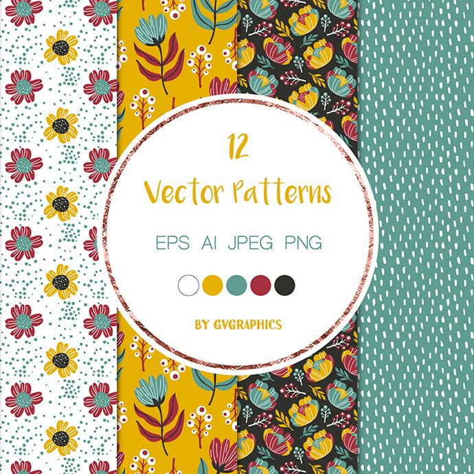 Colorful Vector Patterns with Flowers, Leaves and Berries cover image.