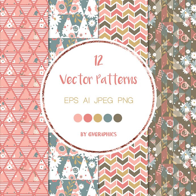 Abstract Flowers and Geometric Shapes, Vector Seamless Patterns cover image.
