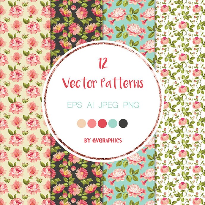 Elegant Pink Flowers Vector Seamless Patterns cover image.
