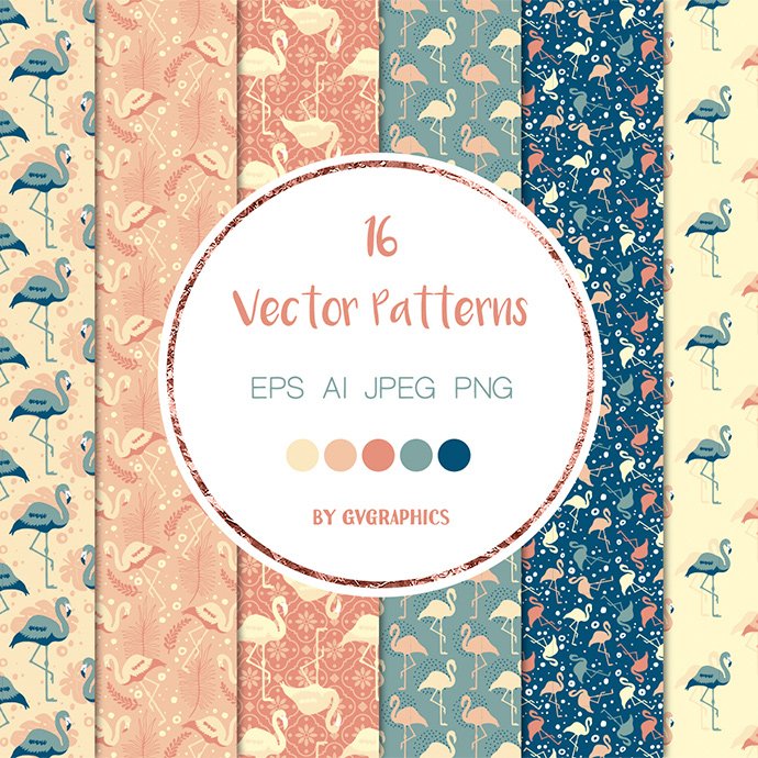 Flamingos, Palm Leaves and Flowers Vector Patterns cover image.