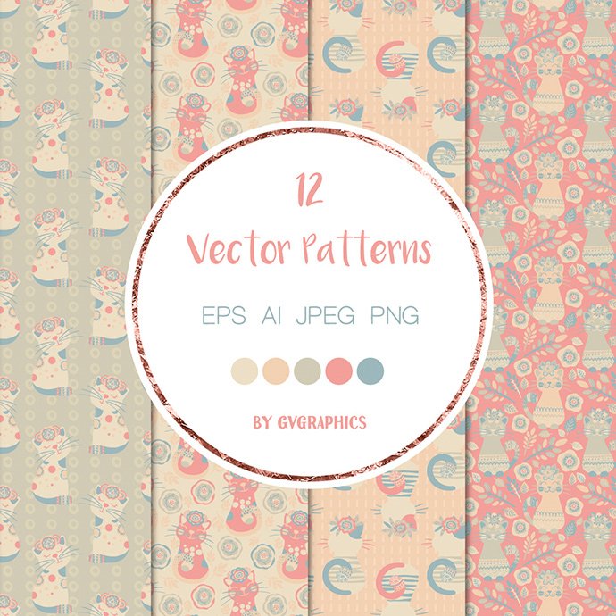 Colorful Cats and Flowers Vector Patterns cover image.
