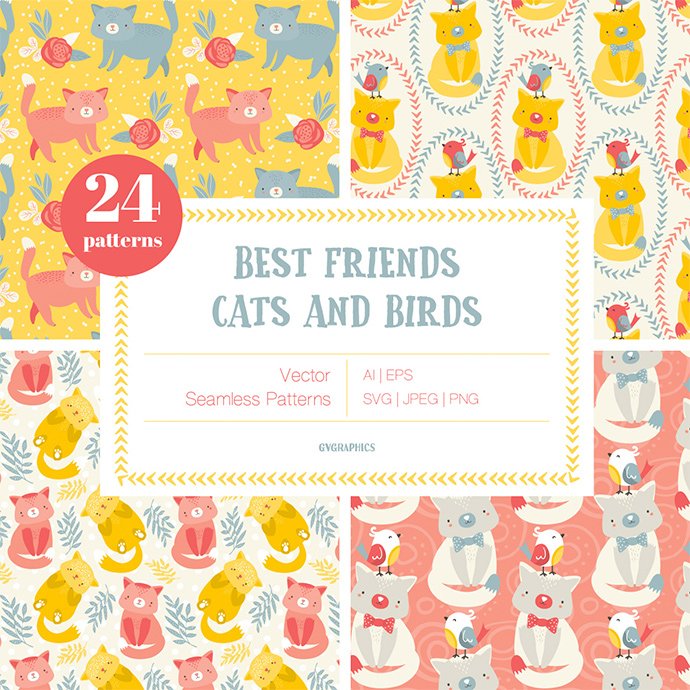 Best Friends - Cats and Birds Vector Patterns main cover.