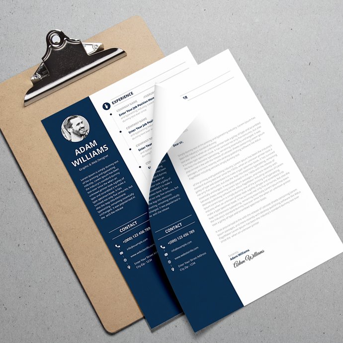 Blue and white resume on a clipboard.