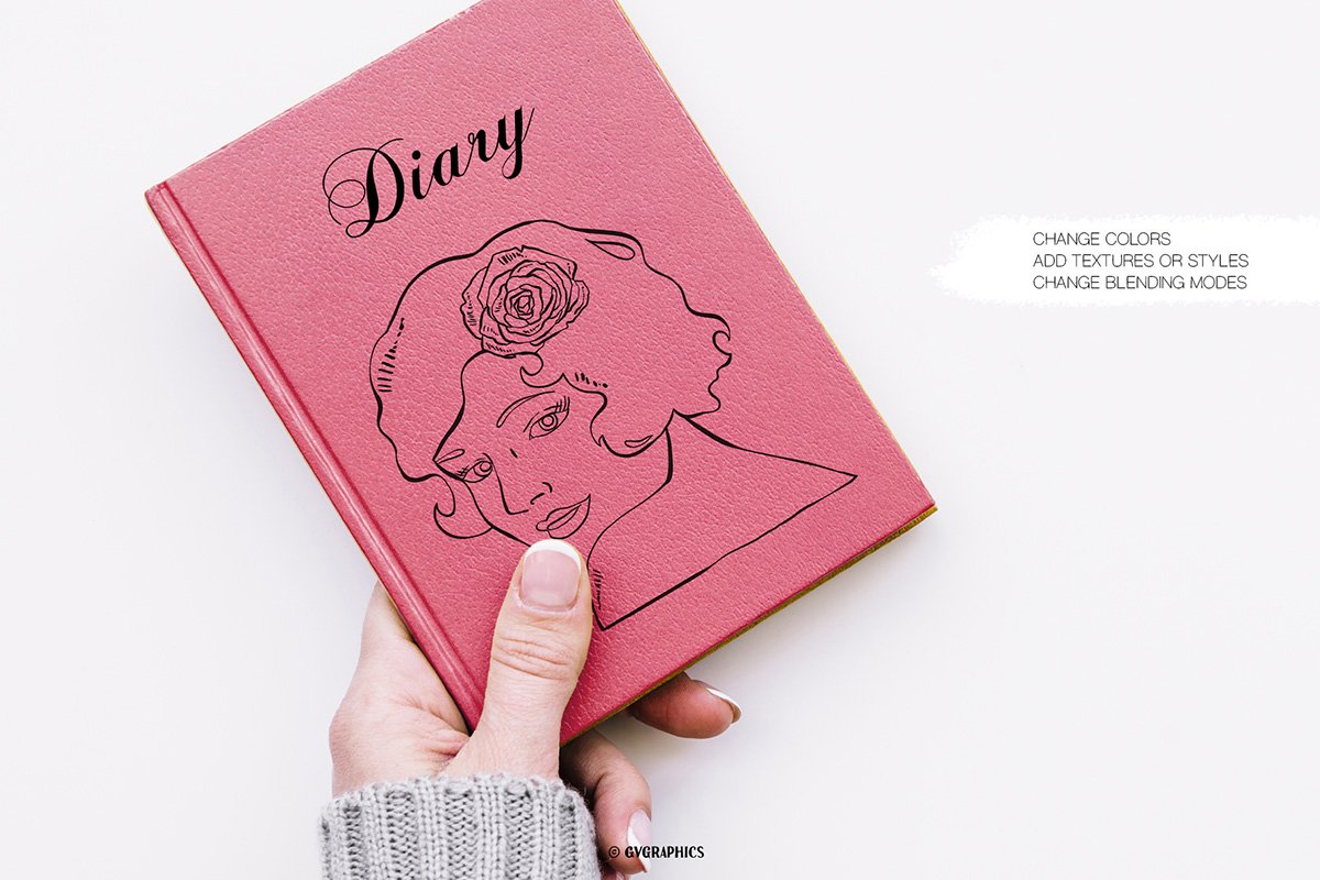 Leather pink notebook with illustrated woman.