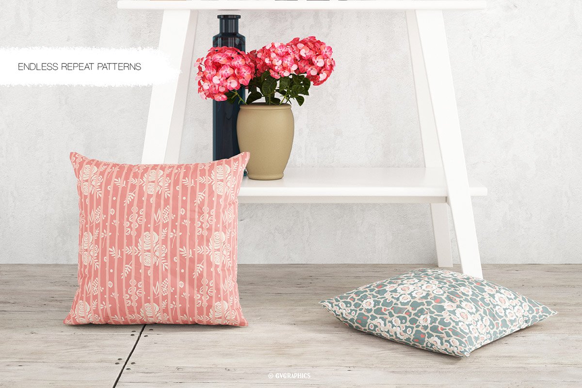 Delicate and elegant decorative pillows with stripes and flowers.