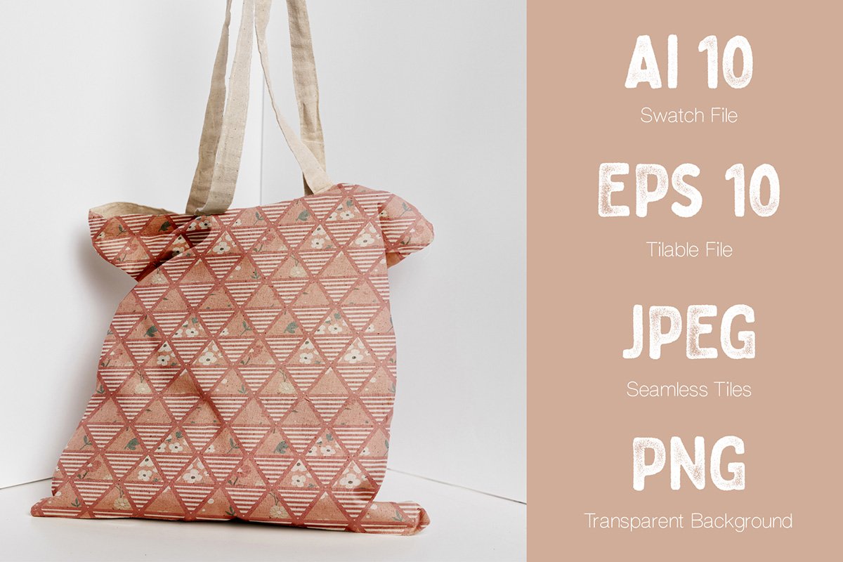 Stylish eco-bag in pastel color with rhombus and flowers.
