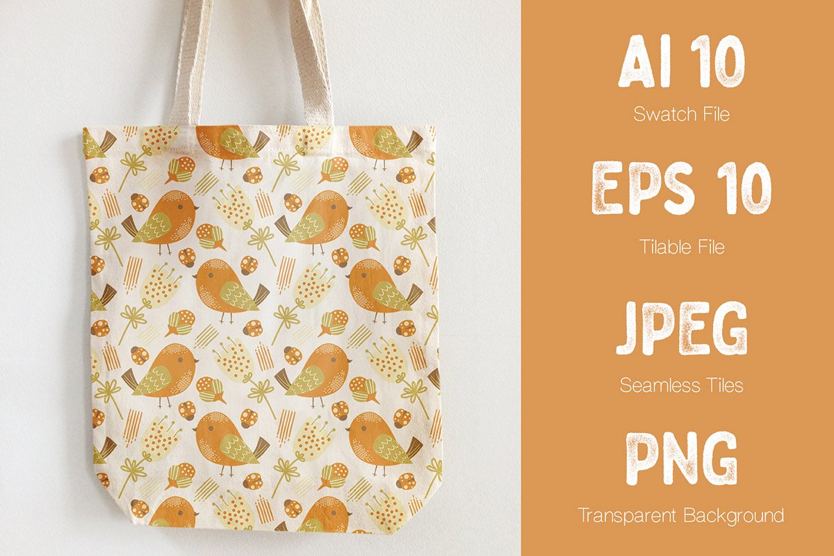 Milk eco-bag with orange and yellow birds.