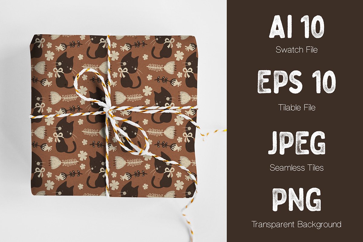 Brown wrapping paper with cats and lace flowers.