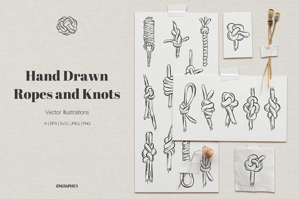 Hand-drawn knots. Various options for tightening knots are presented.