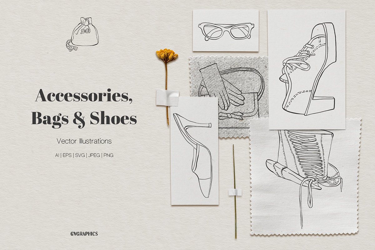 Fashion image of shoes and accessories, drawn in pencil.