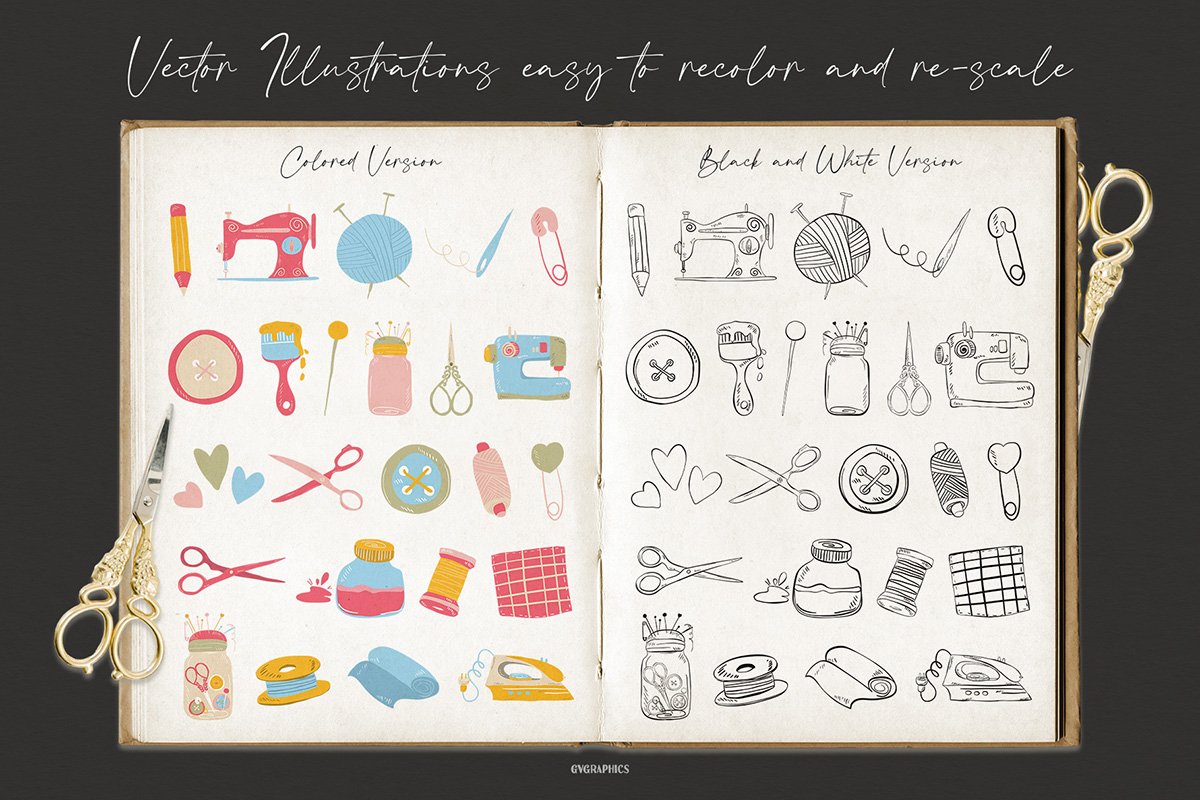 Bright, illustrated elements for design on a sewing theme.
