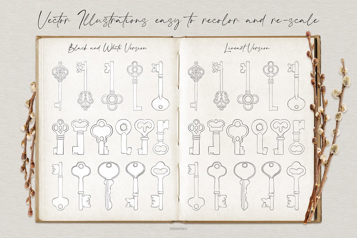 Various keys to the secret room in a vintage book.