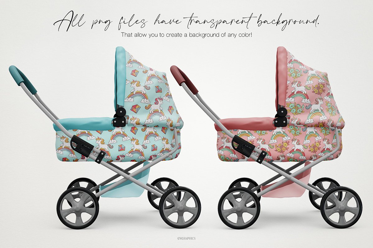 Baby strollers for a boy and a girl with cute unicorns.