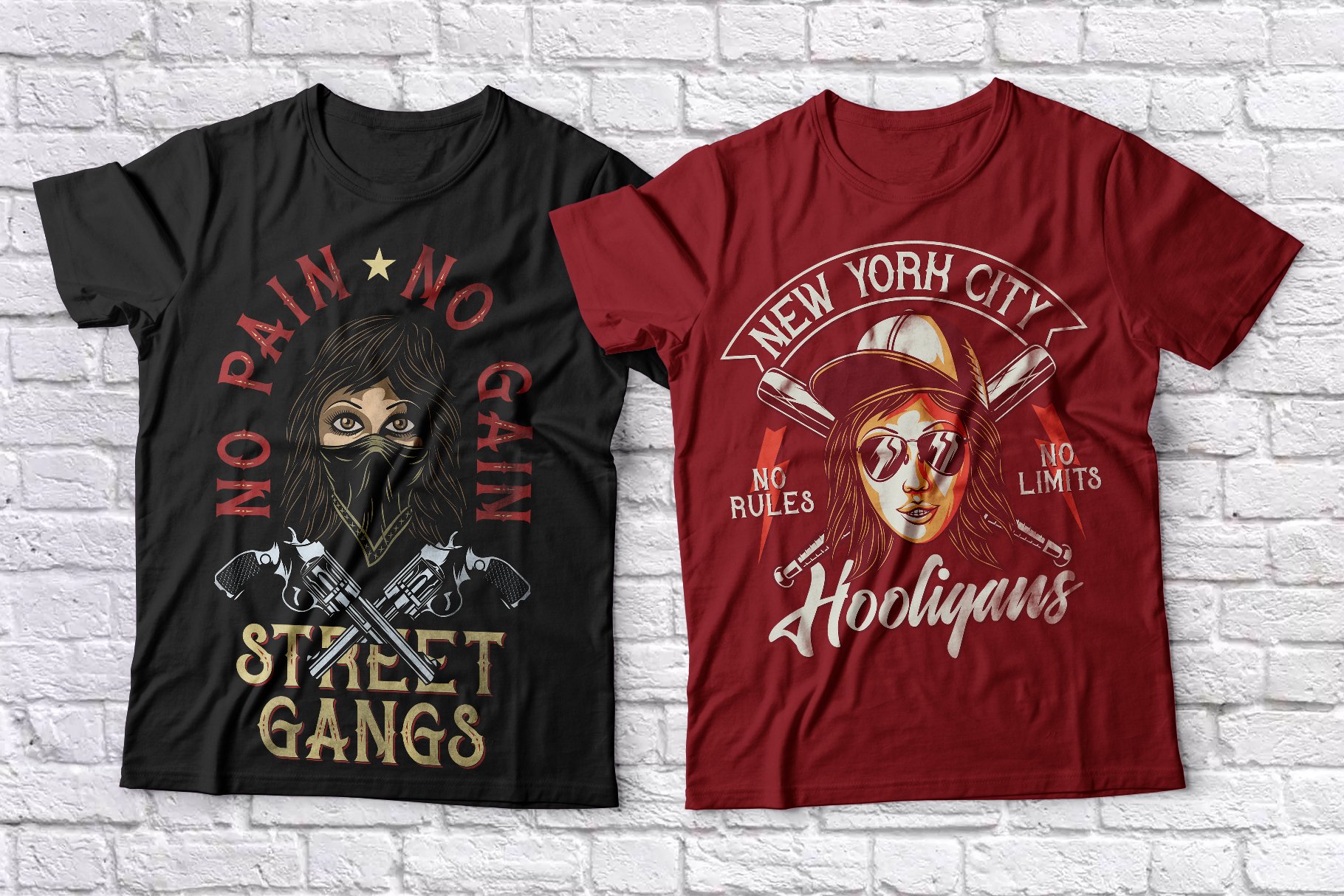 Red and black T-shirts with colorful illustrations and appropriate typeface.