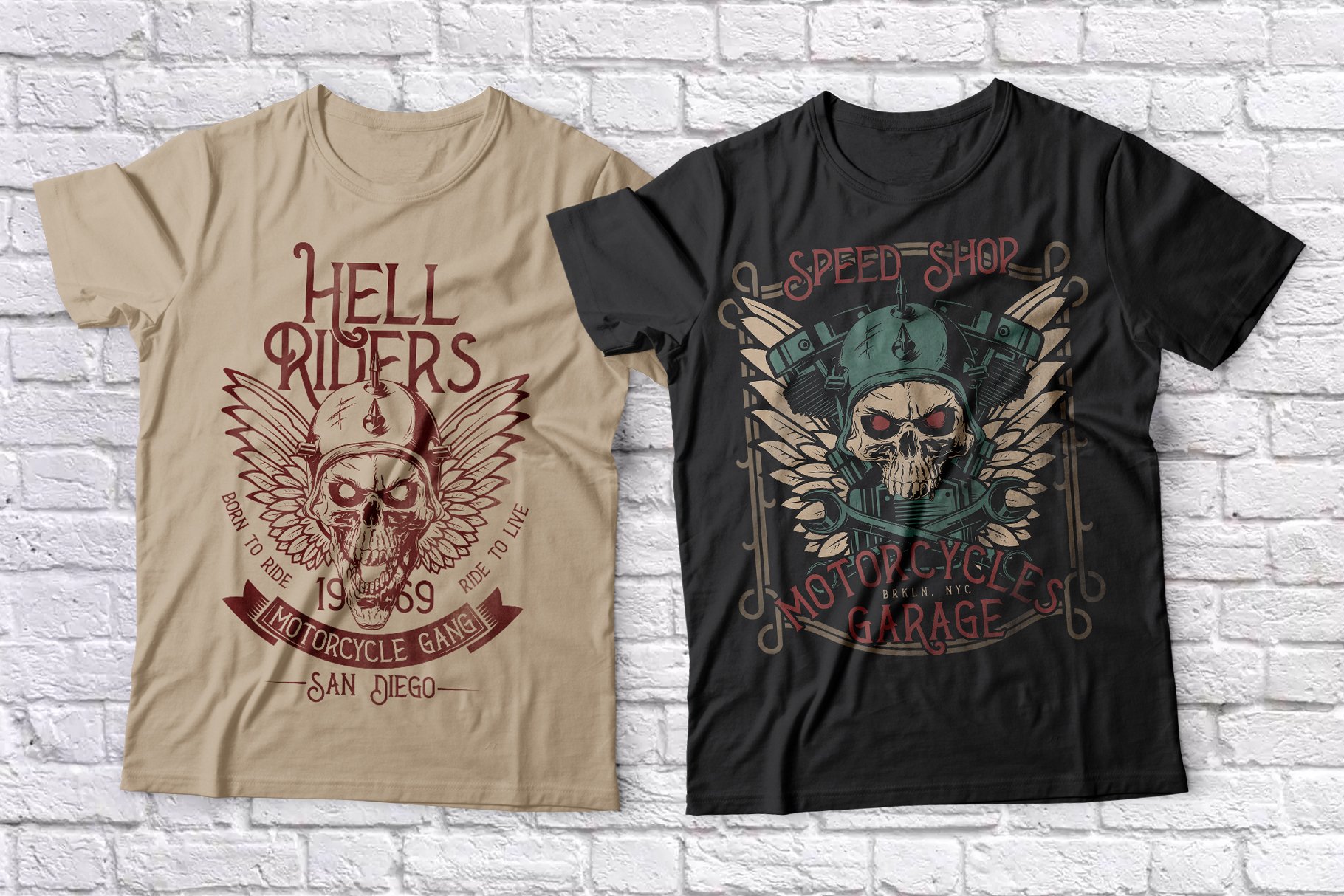 T-shirts with motorcycle skulls.