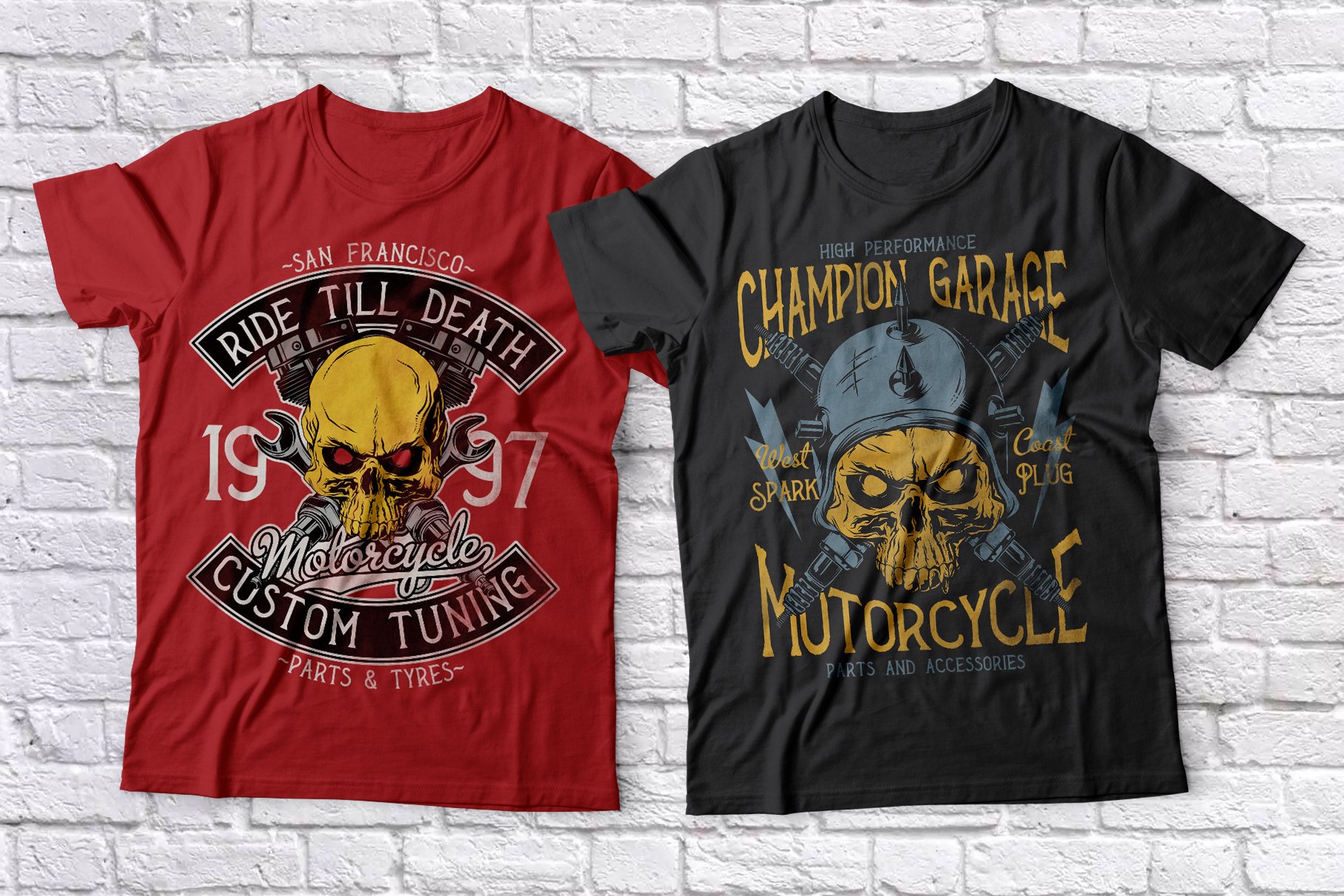 Red and black T-shirts with yellow skulls in helmets.