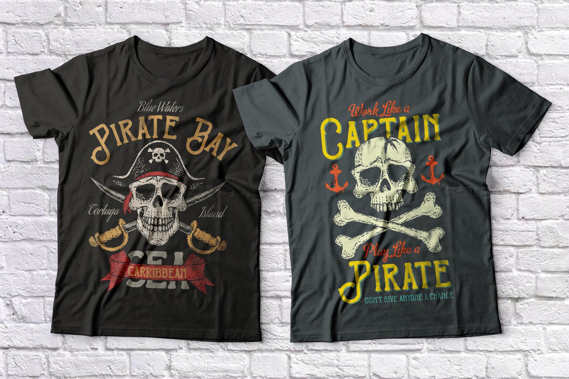 Two T-shirts with pirate skulls.