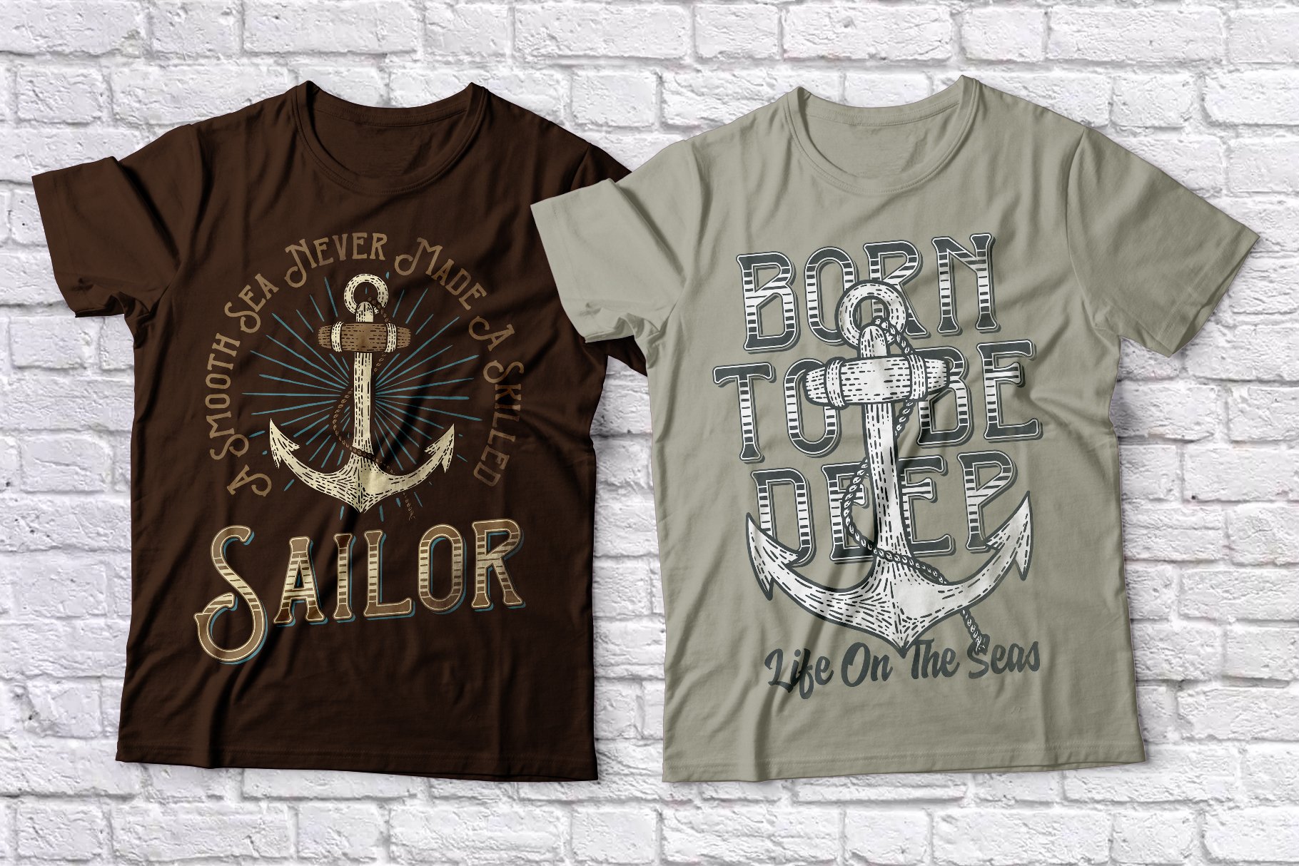 Brown and beige T-shirts with anchors.