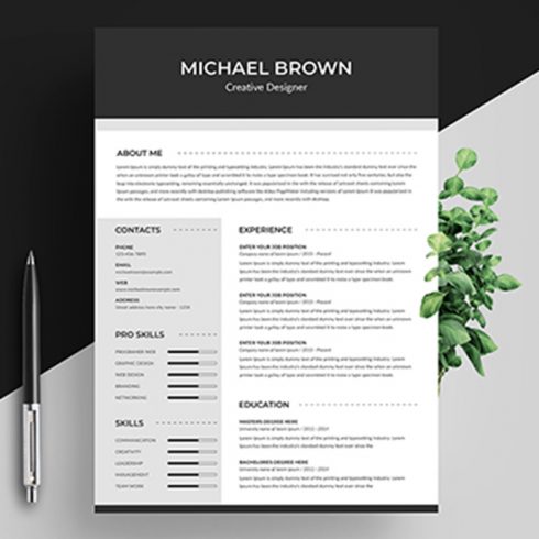 Professional resume template with a black and white background.