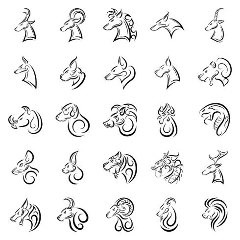 Hand Drawn Line Art Icon Set of Wildlife Animal Side View Heads Example.