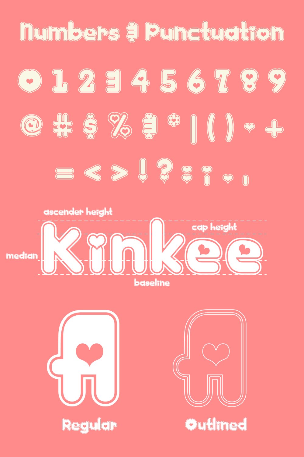 Numbers and punctuation of kinkee heart font.