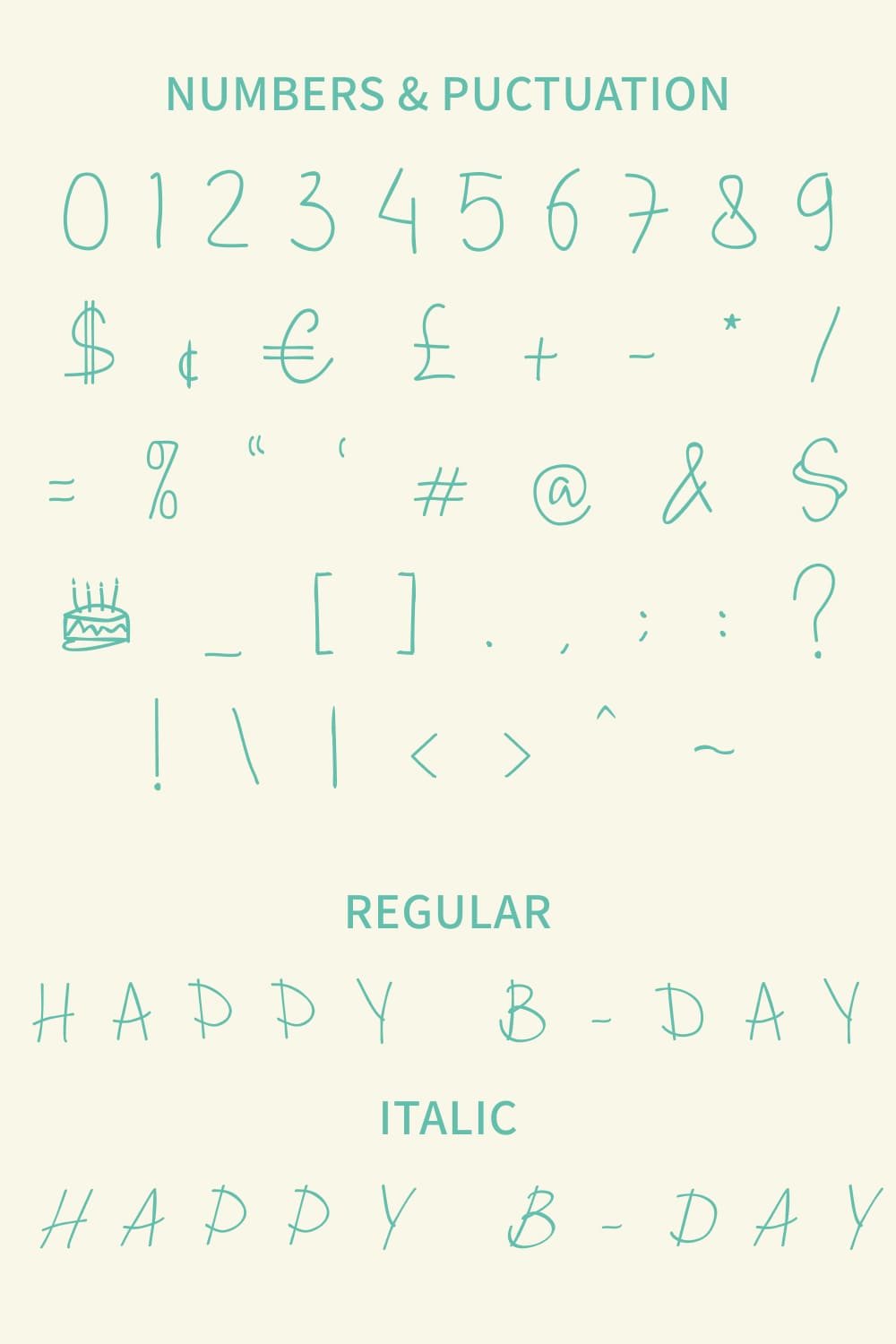 This font has an excellent collection of numbers and punctuation marks.