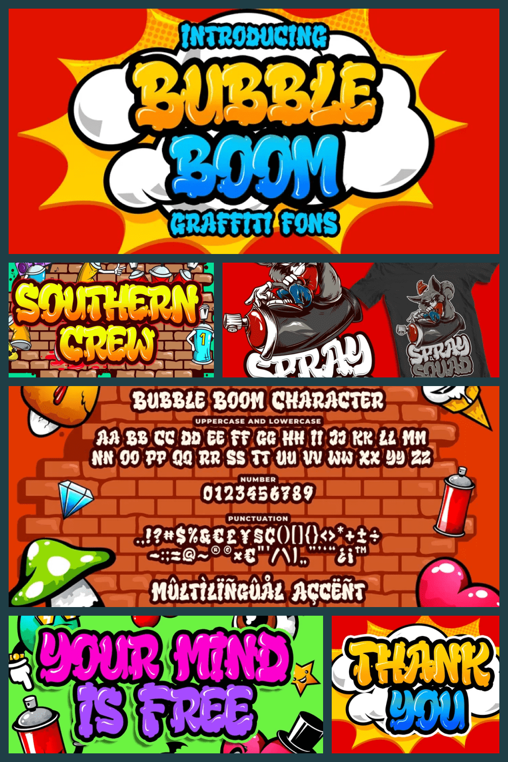 Bubble Boom is inspired by graffiti, and fits well for themes such as graffiti posters, Hip Hop music, kids posters, flyers, children books, cartoons, comics, and more.