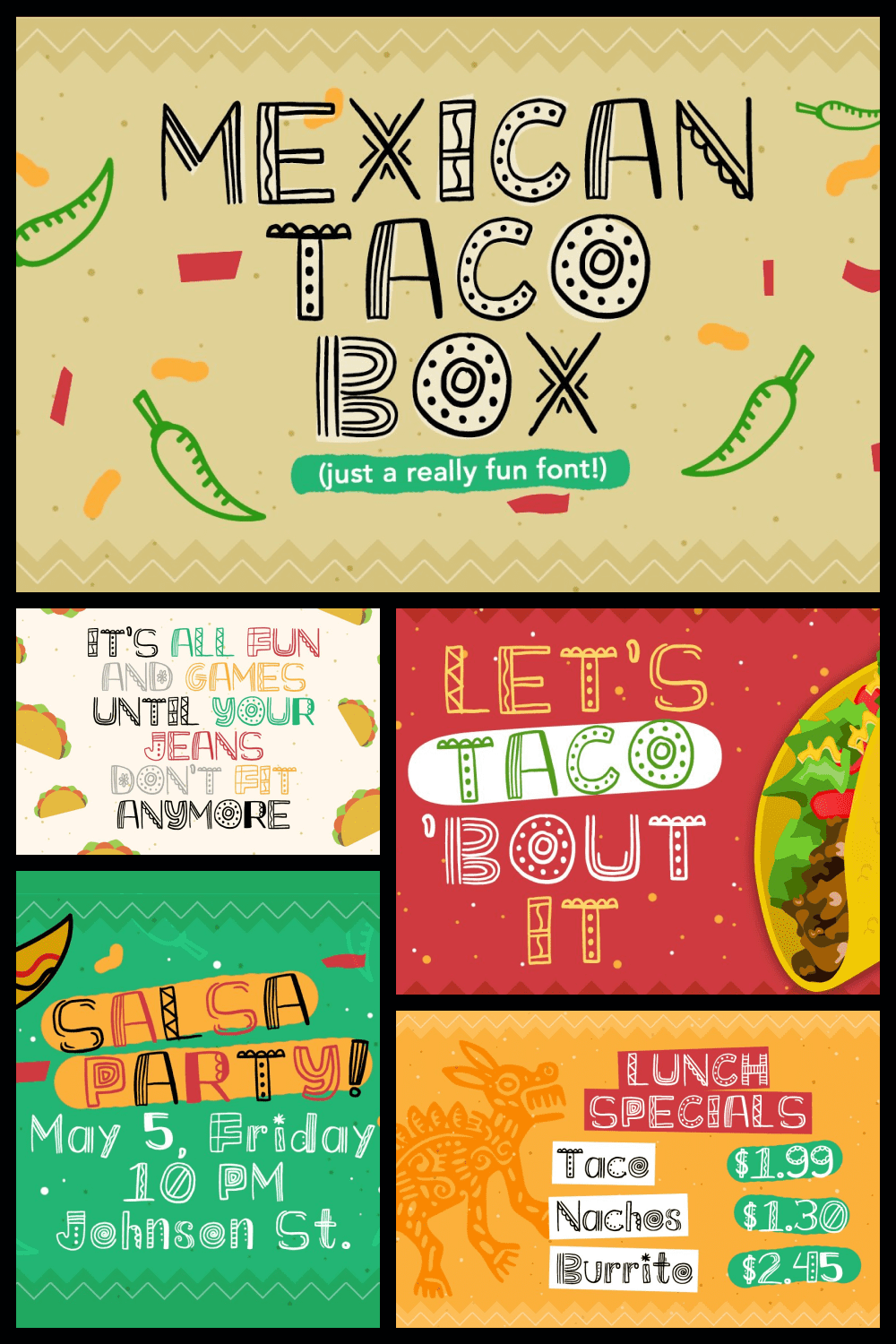 Mexican Taco Box just oozes with flavor and spice-- a fun, loud, and eccentric font that's perfect for adding that heat to your design projects.