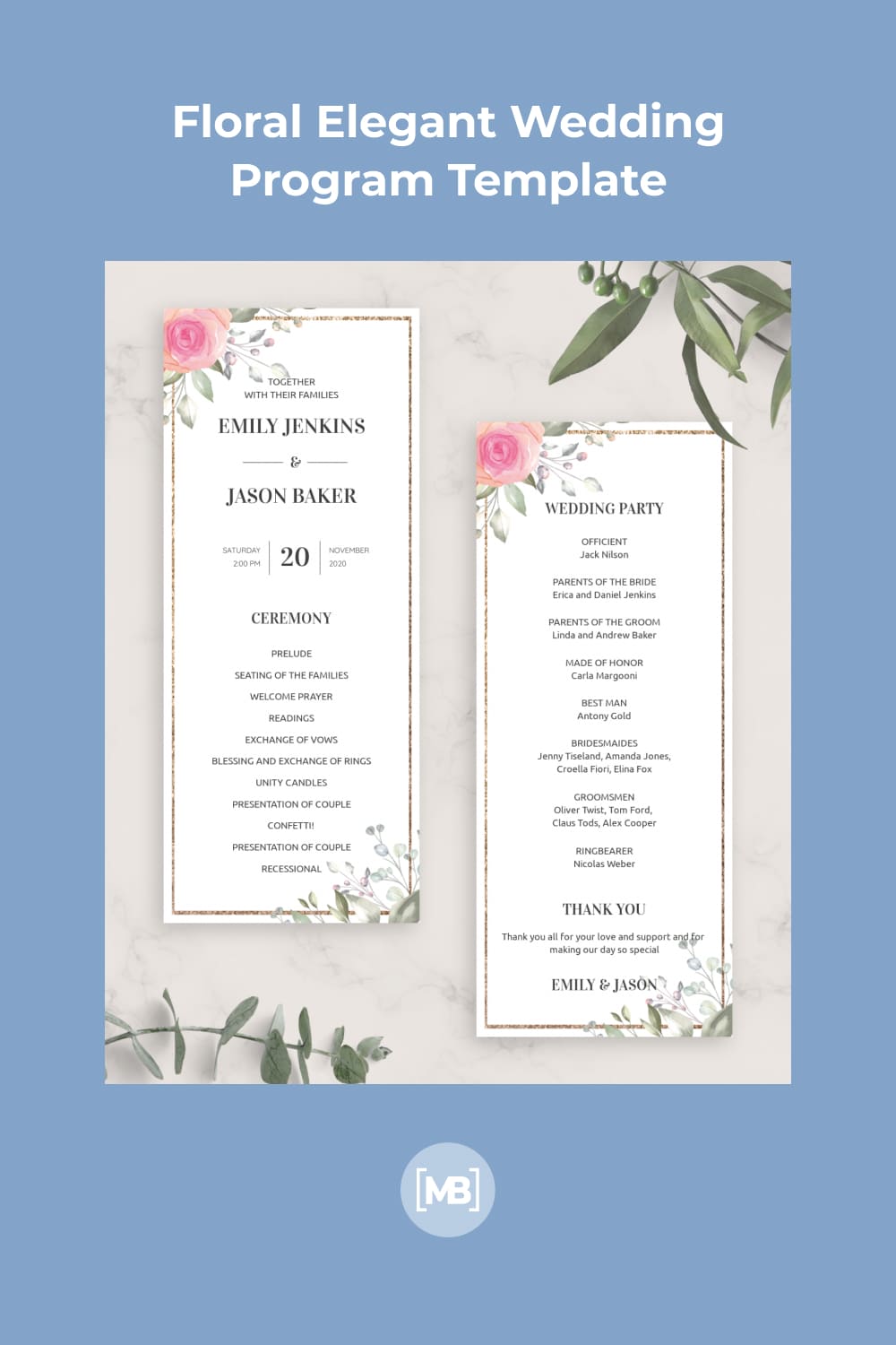 Create a guideline for your guests with the Floral Elegant Wedding Program template.