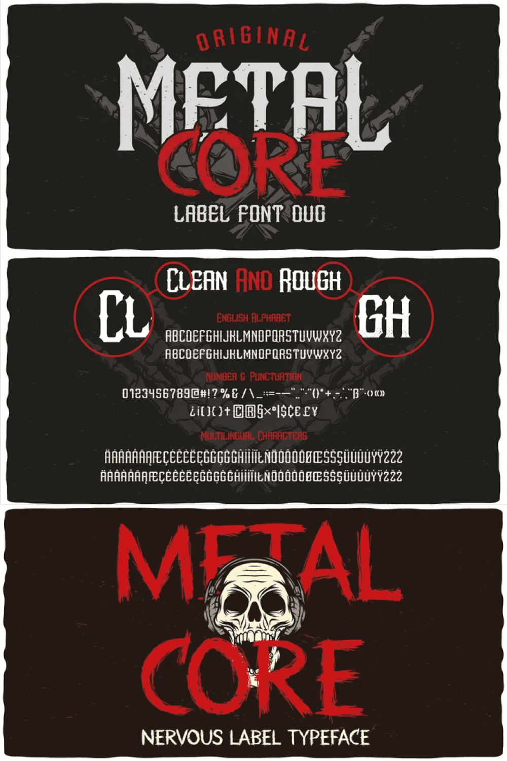 Metal Core is a set of strong and nervous fonts and perfect for lettering on vintage music (and not only for these) style labels, posters, t-shirts, logo etc.