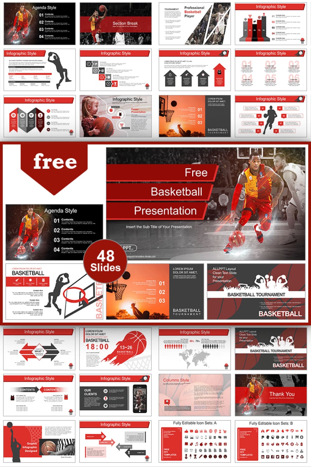 This template contains various basketball backgrounds and shapes.
