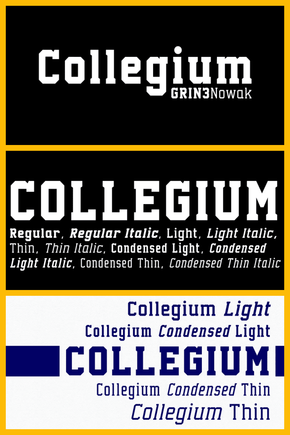 The Collegium is a font family inspired by college and university sportswear lettering.