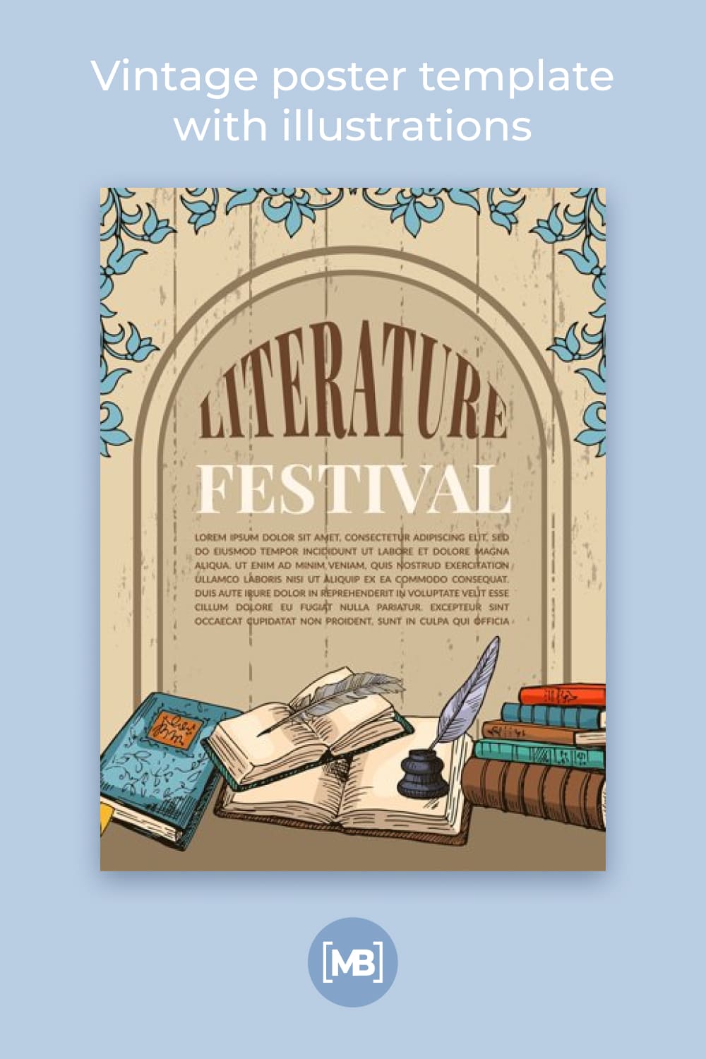 Poster in vintage style with books and ornaments.