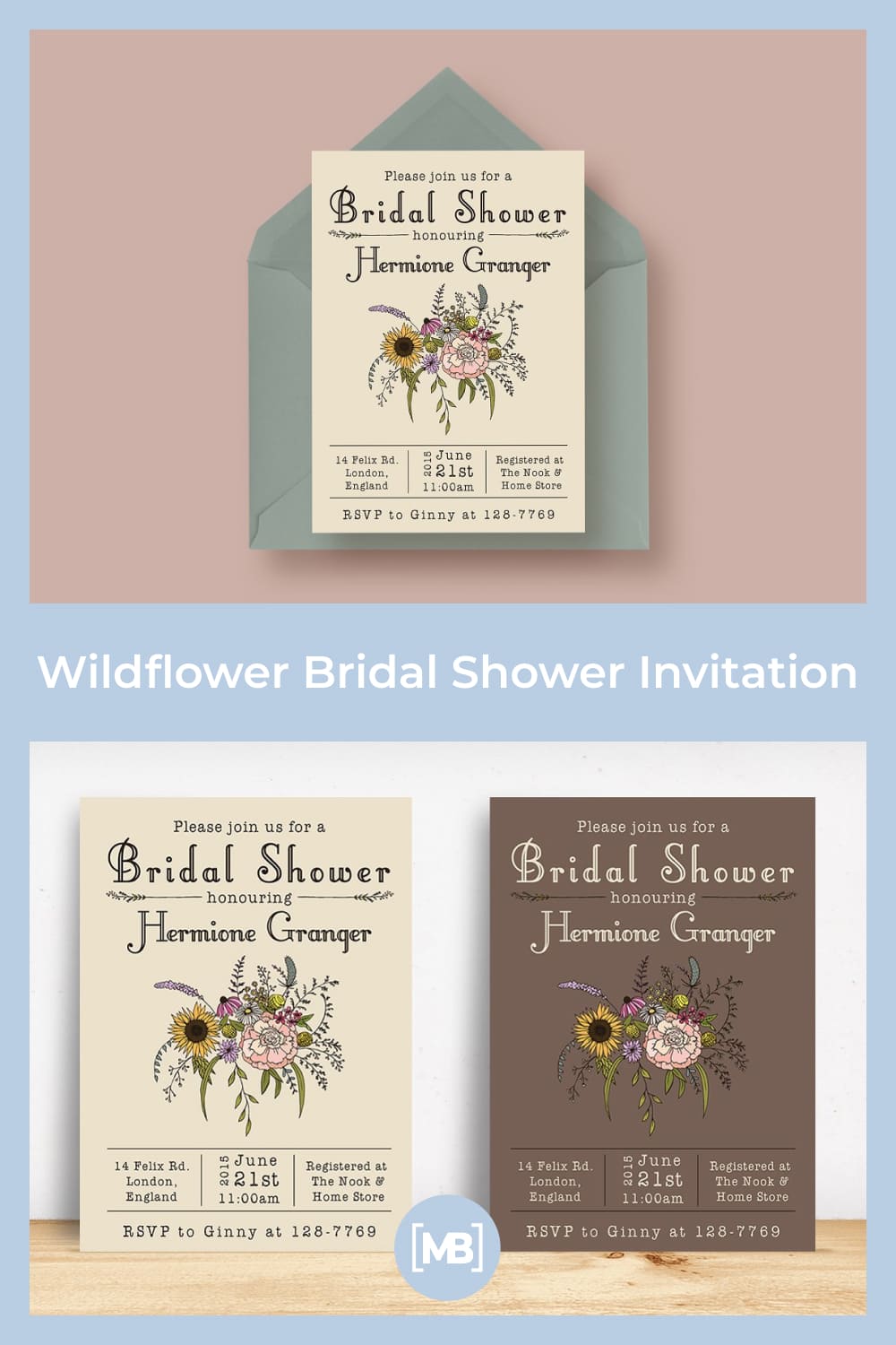 Wildflower Bridal Shower Invitation includes the PSD file for both the cream and walnut invitations. All text and colors are editable.