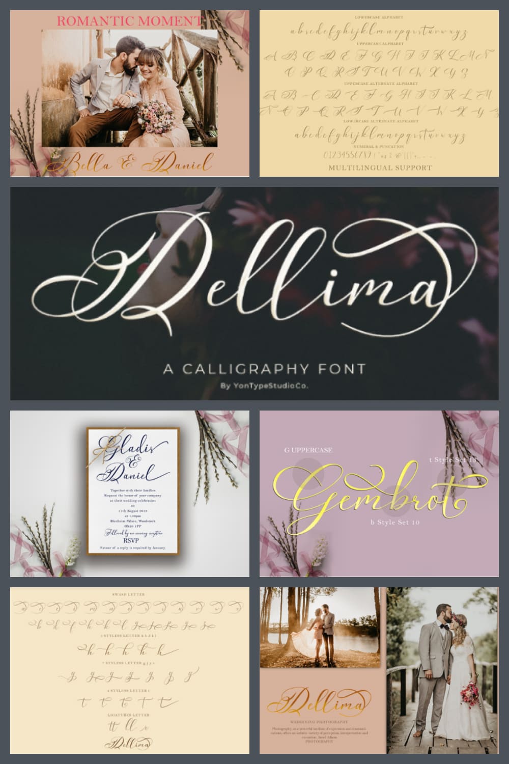 This is a new modern calligraphy font. This beautiful script is for those who need some elegance and style for their designs and is perfect for wedding invitations, date cards and feminine branding.