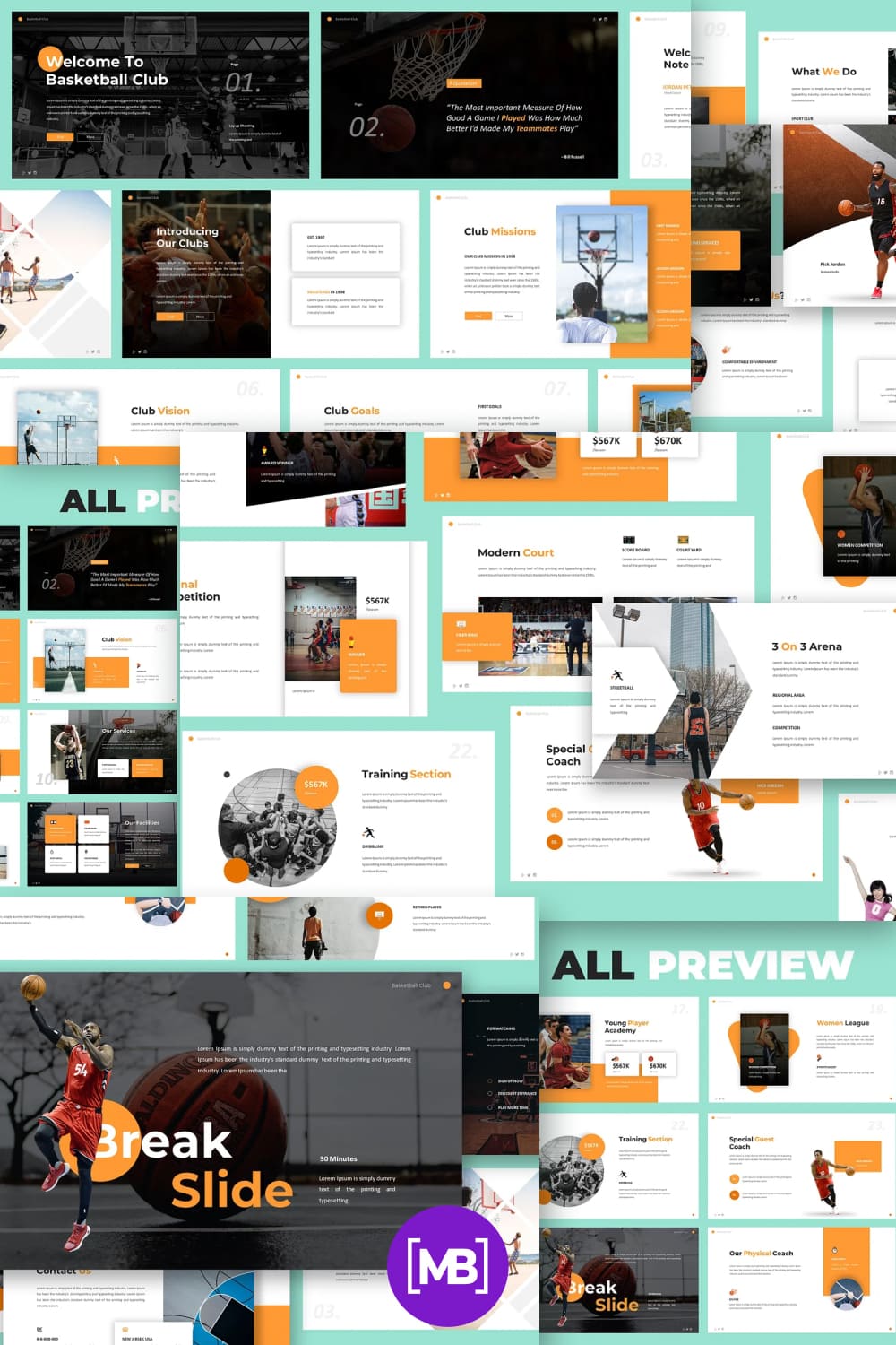 This is a basketball club presentation template that gives you an effective way to introduce your basketball business, come with flat design, clean, classic, minimalist, modern presentation.