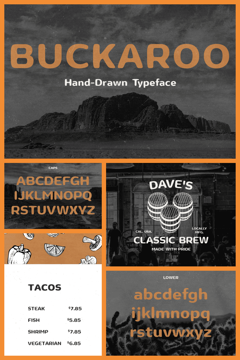 Buckaroo is a handmade font. It draws influence from old western-typefaces that still feel functional in a contemporary world.