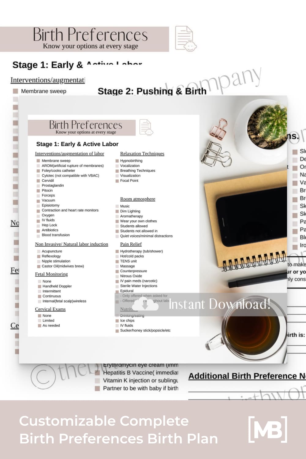 This 3 page, comprehensive birth plan printable is a great tool to help your clients (or yourself) make a plan for birth.