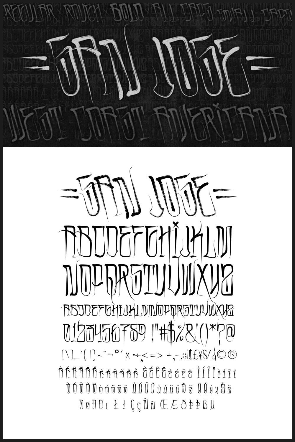 The San Jose type family provides an array of variants representing a simplified, bay area slant on traditional Chicano American street scripts.