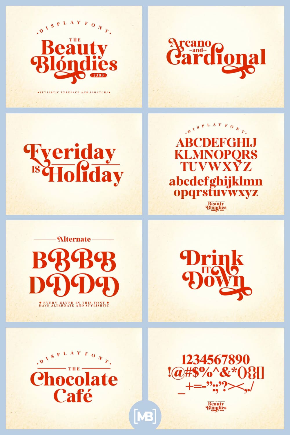 Beauty blondies is a serif typeface lifted up by a set of stylistic and alternate glyphs.