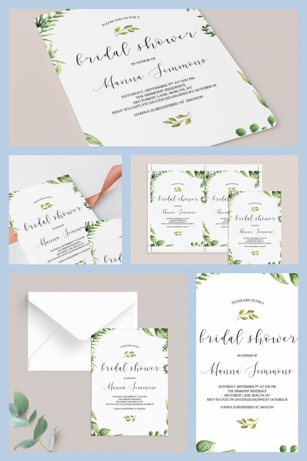 It's watercolor green leaves, this invitation is perfect for a garden themed bridal party.