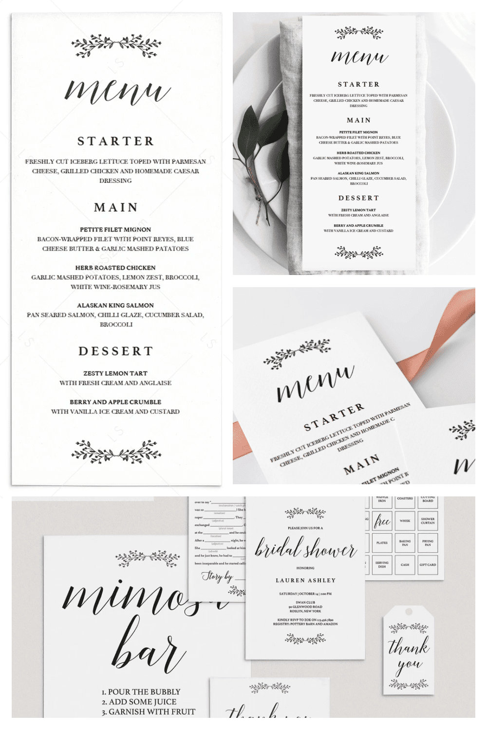 Finish off your dinner party table setting with this simple, yet sophisticated black and white menu card template with tiny leaves. It's the perfect addition to any event.