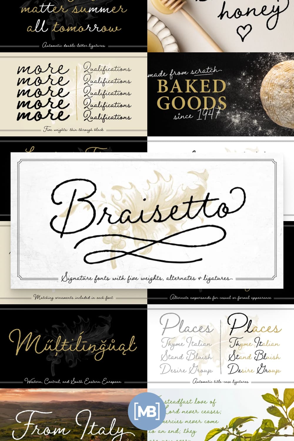 Braisetto is a handwritten, signature font family with five weights, multiple alternates, and natural ligatures.