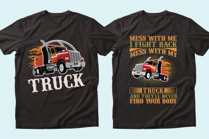 Trucks on fire on black T-shirts.