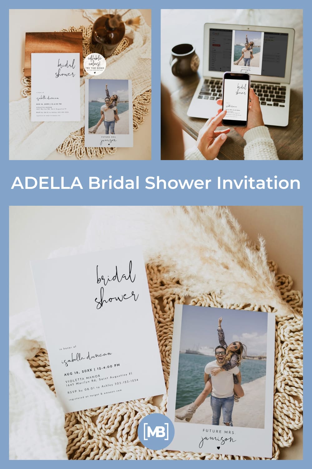 This DIY PRINTABLE simple bridal shower invitation template features a modern minimalist design with bold handwritten and sans serif fonts.