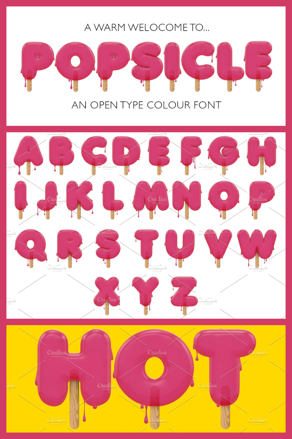 Summer is here and so is my new font POPSICLE a melting ice lolly font made from high quality 3D rendered images. Perfect for bold headers, summer party posters and invitations.