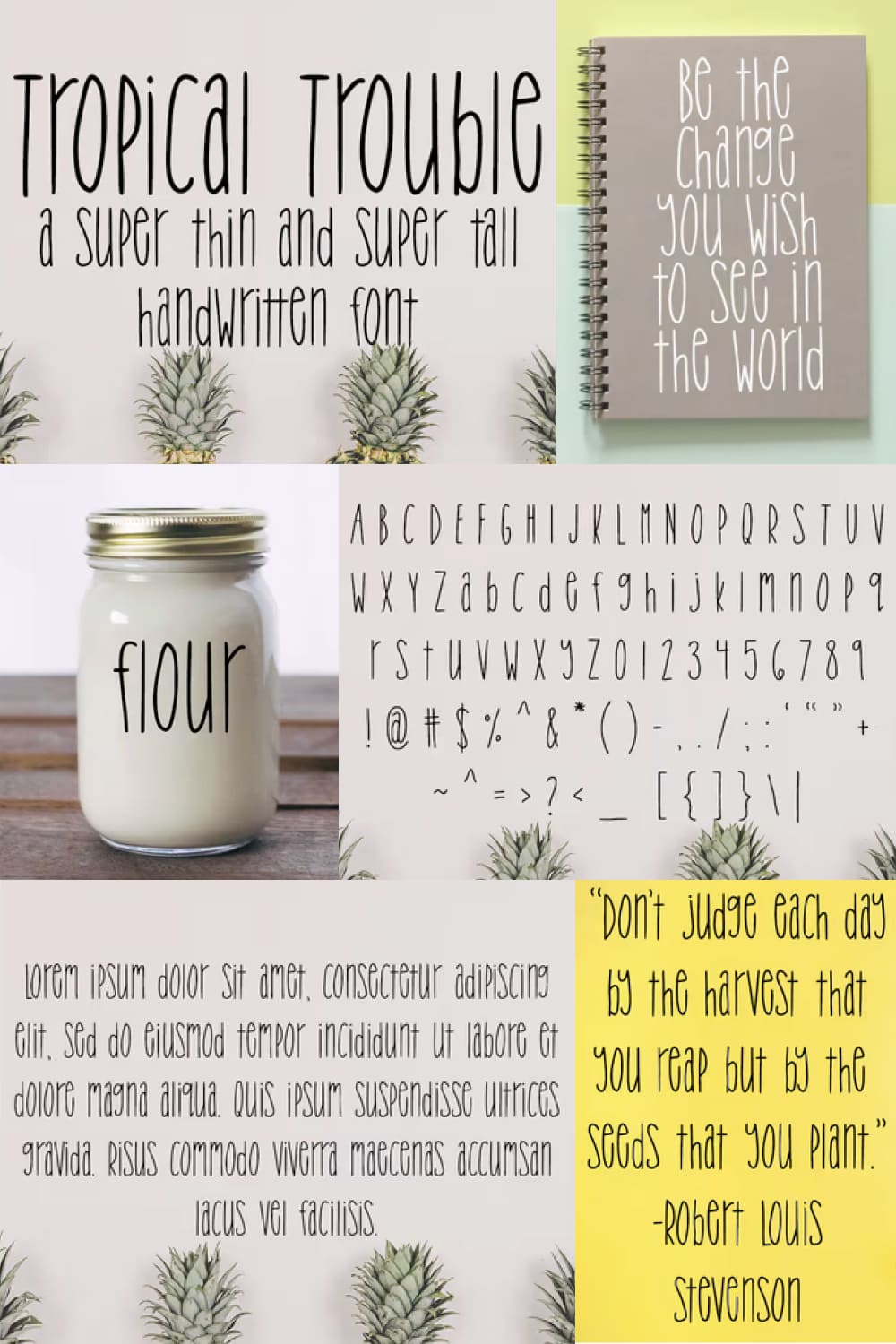 Tropical Trouble is a hand lettered sans-serif font. The super tall and super skinny font could be used for a variety of projects, such as labels for a jar or a name on a tumbler.